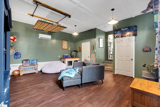 living room with an AC wall unit and dark wood-type flooring