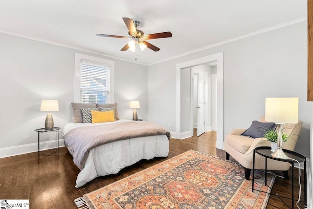 bedroom featuring ceiling fan, crown molding, and dark hardwood / wood-style floors