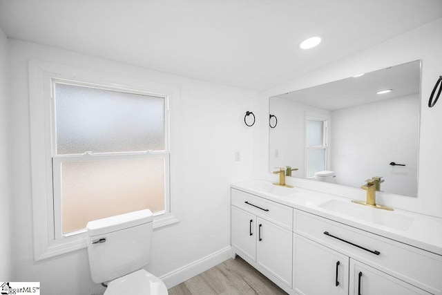 bathroom featuring hardwood / wood-style floors, vanity, and toilet