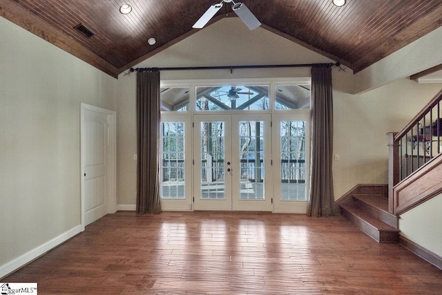 interior space with high vaulted ceiling, french doors, ceiling fan, wood-type flooring, and wood ceiling