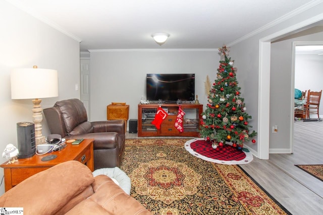 living room featuring wood-type flooring and ornamental molding