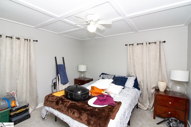 bedroom featuring ceiling fan and light colored carpet