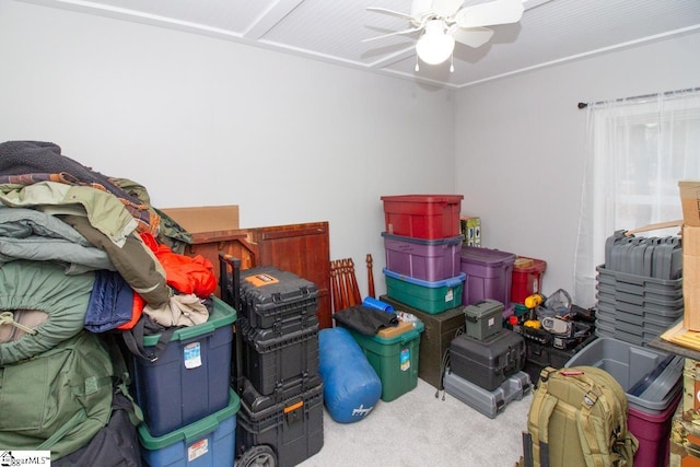 storage room featuring ceiling fan