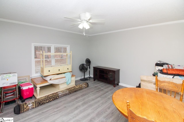 interior space featuring hardwood / wood-style flooring, ceiling fan, and ornamental molding