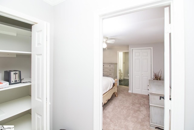 carpeted bedroom featuring ceiling fan