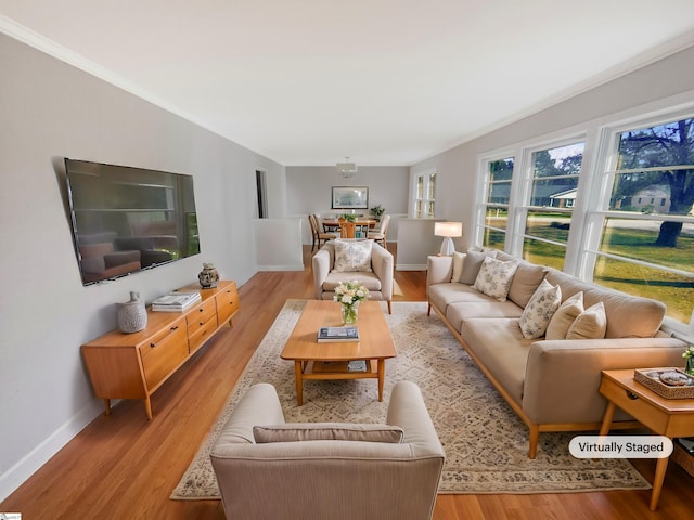 living room featuring ornamental molding and light wood-type flooring