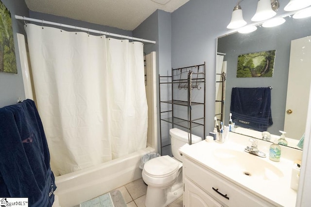 full bathroom with tile patterned flooring, shower / bath combo, toilet, and vanity