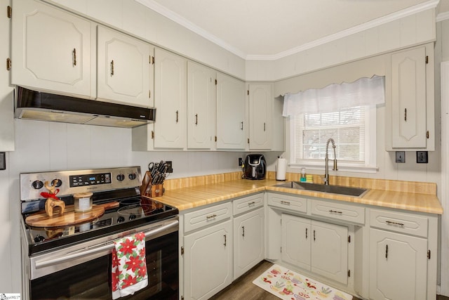 kitchen featuring white cabinetry, sink, dark hardwood / wood-style flooring, stainless steel range with electric cooktop, and ornamental molding