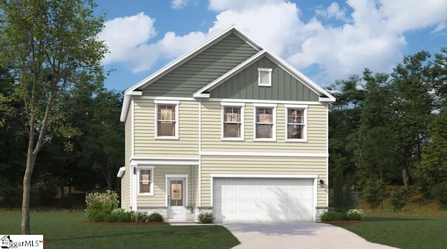 view of front of house featuring a front lawn and a garage