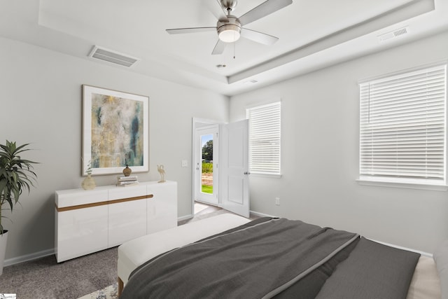 bedroom featuring a raised ceiling, ceiling fan, and light colored carpet