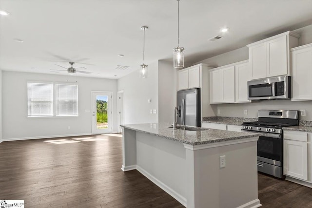 kitchen featuring white cabinetry, an island with sink, hanging light fixtures, and appliances with stainless steel finishes