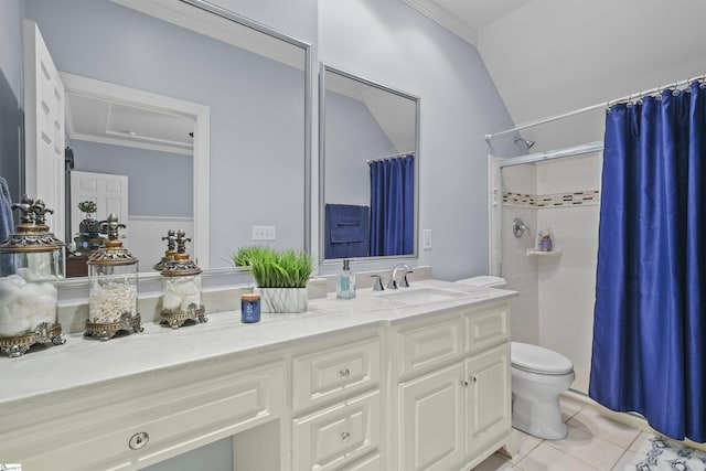 bathroom with walk in shower, tile patterned floors, crown molding, toilet, and vanity