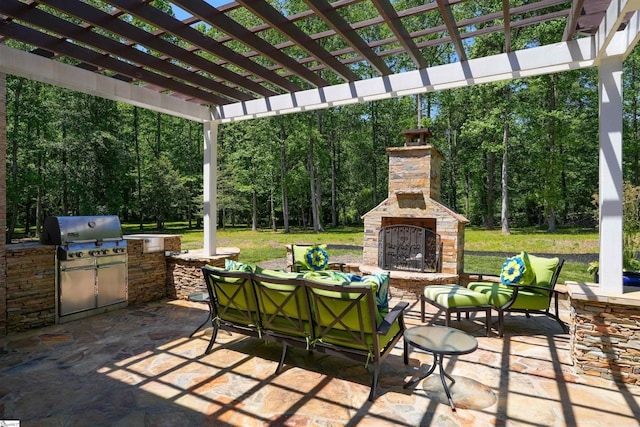 view of patio with an outdoor living space, a pergola, area for grilling, and a grill