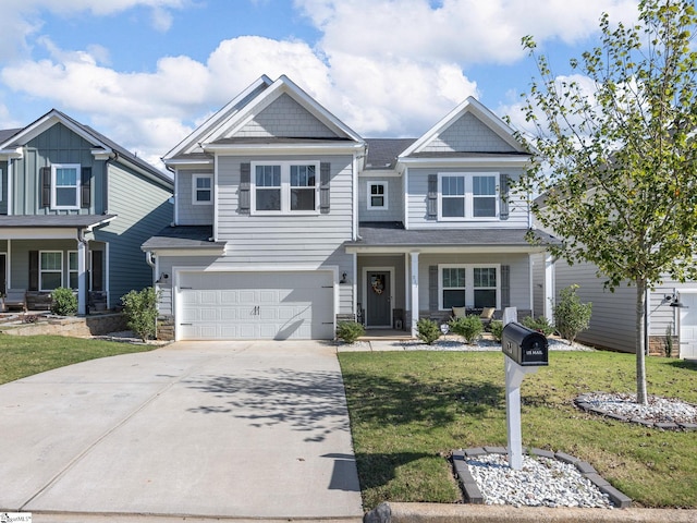 craftsman house with a front yard and a garage