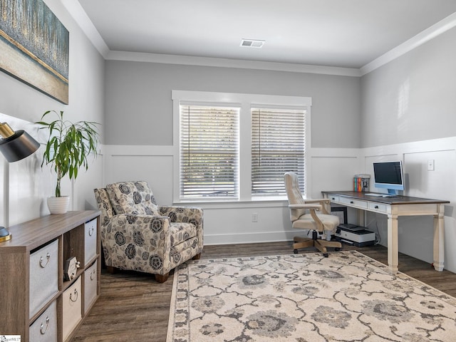 office space with crown molding and dark hardwood / wood-style floors