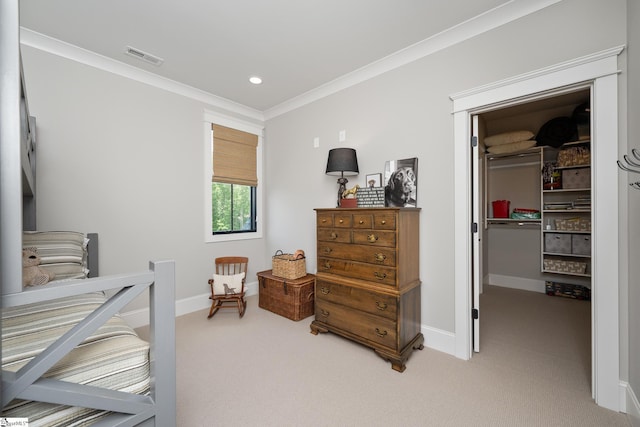 carpeted bedroom featuring crown molding