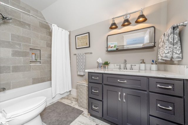 full bathroom with vanity, shower / bathtub combination with curtain, vaulted ceiling, and toilet