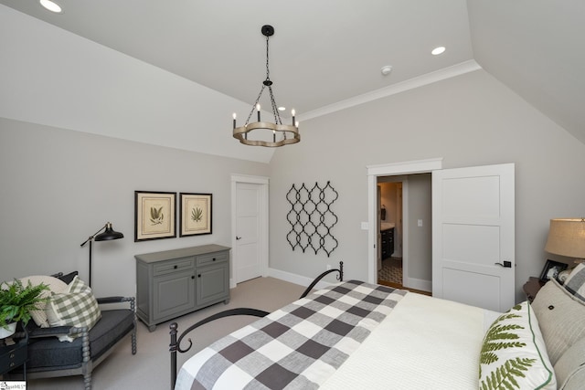 carpeted bedroom with an inviting chandelier, crown molding, and vaulted ceiling