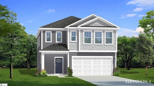 view of front of house featuring an attached garage, driveway, a front yard, and roof with shingles