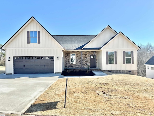 modern farmhouse featuring a garage, concrete driveway, roof with shingles, crawl space, and board and batten siding