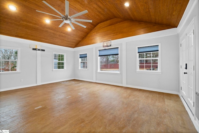 unfurnished room with ceiling fan with notable chandelier, light hardwood / wood-style floors, wooden ceiling, and vaulted ceiling