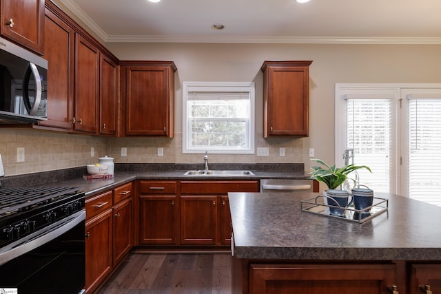 kitchen featuring decorative backsplash, dark hardwood / wood-style flooring, sink, and appliances with stainless steel finishes