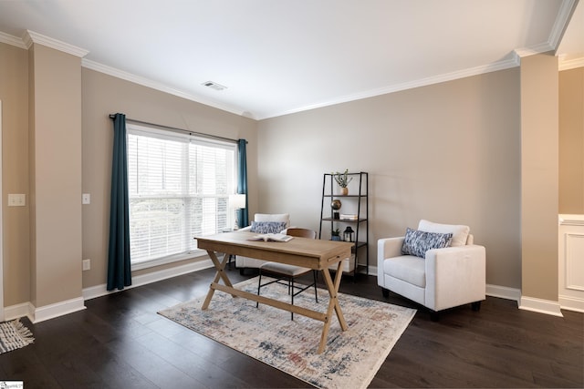 home office with dark hardwood / wood-style floors and crown molding