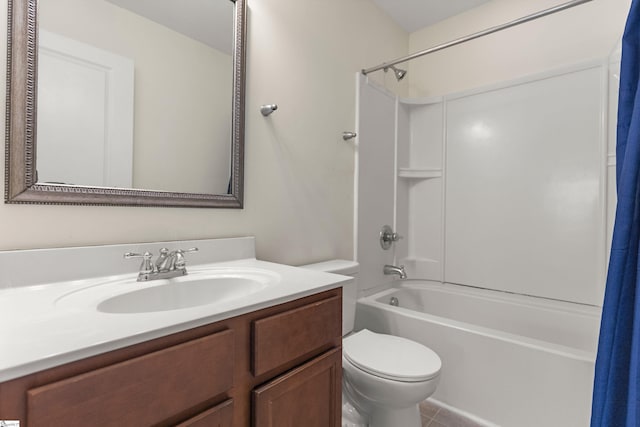 full bathroom featuring tile patterned floors, vanity, shower / tub combo, and toilet