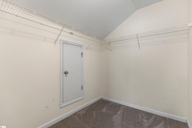 walk in closet with carpet flooring and lofted ceiling