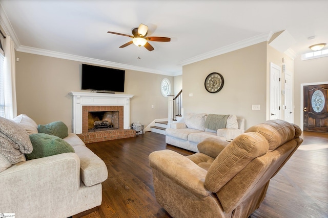 living room featuring a fireplace, dark hardwood / wood-style flooring, ceiling fan, and crown molding