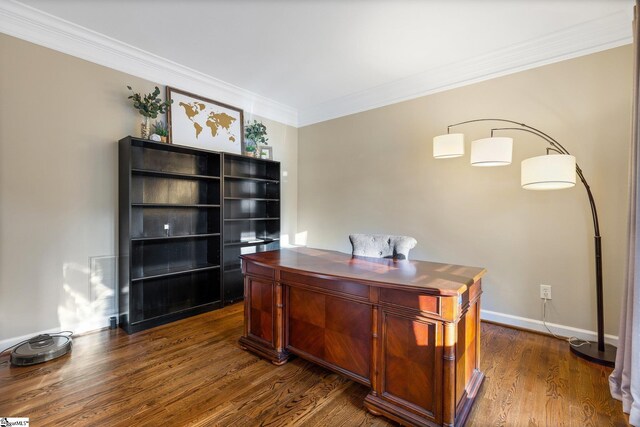 office area featuring crown molding and dark wood-type flooring