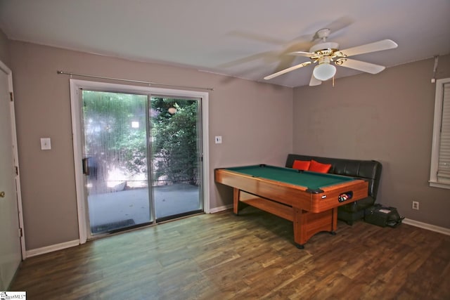 playroom featuring ceiling fan, dark hardwood / wood-style floors, and billiards