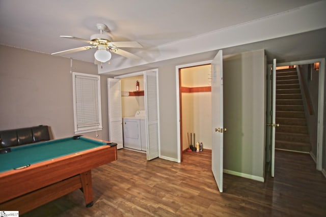 playroom featuring washer / dryer, dark hardwood / wood-style flooring, ceiling fan, and pool table