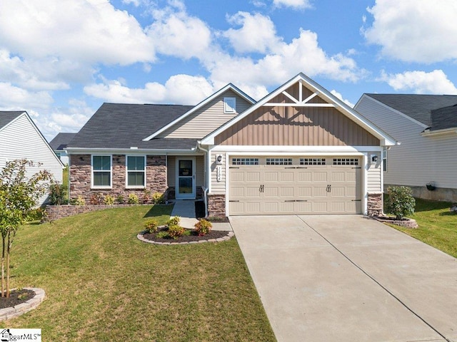 craftsman-style house with a front yard and a garage