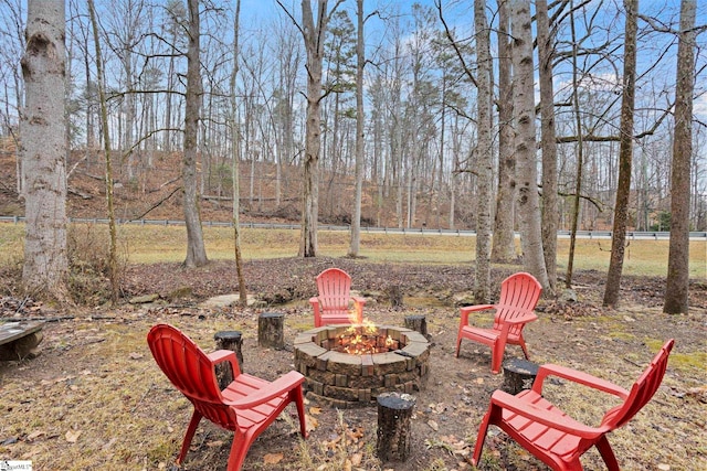 view of yard featuring an outdoor fire pit