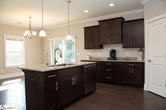 kitchen featuring stainless steel dishwasher, dark brown cabinets, a kitchen island with sink, dark hardwood / wood-style floors, and hanging light fixtures