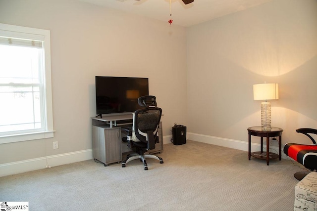 carpeted office featuring ceiling fan