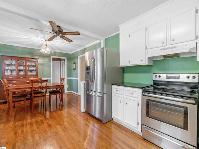 kitchen with ceiling fan, white cabinetry, a textured ceiling, and appliances with stainless steel finishes