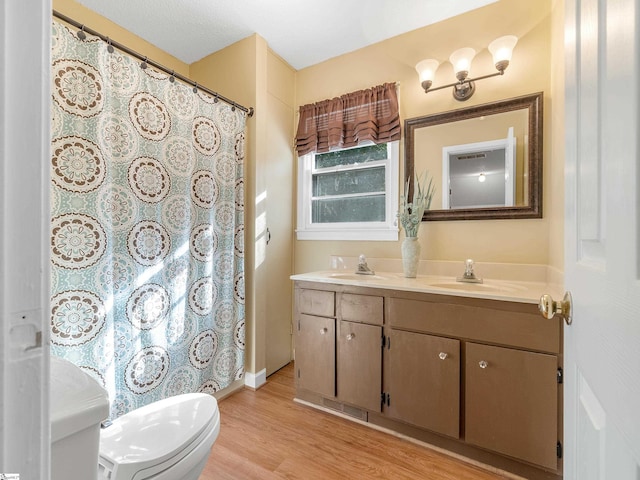 bathroom featuring vanity, hardwood / wood-style flooring, and toilet