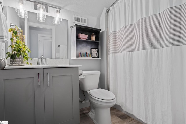 bathroom featuring hardwood / wood-style floors, vanity, toilet, and a textured ceiling