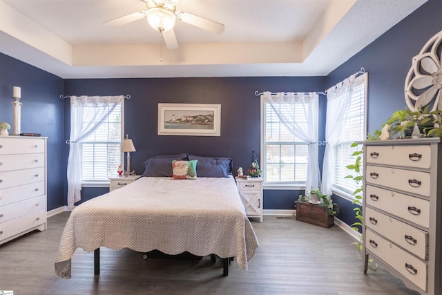 bedroom with wood-type flooring, a tray ceiling, and ceiling fan