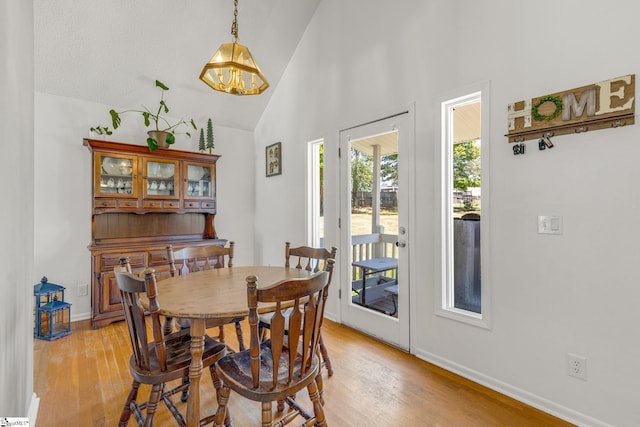 dining room with light hardwood / wood-style flooring and lofted ceiling