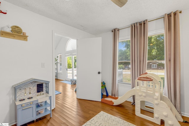 rec room with a textured ceiling and light hardwood / wood-style flooring