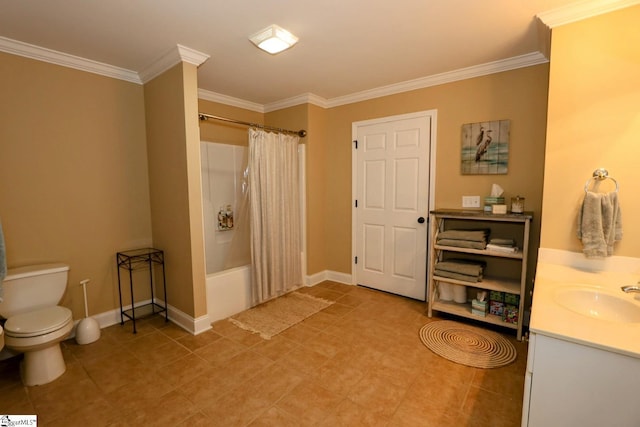 full bathroom featuring toilet, vanity, shower / tub combo with curtain, and ornamental molding