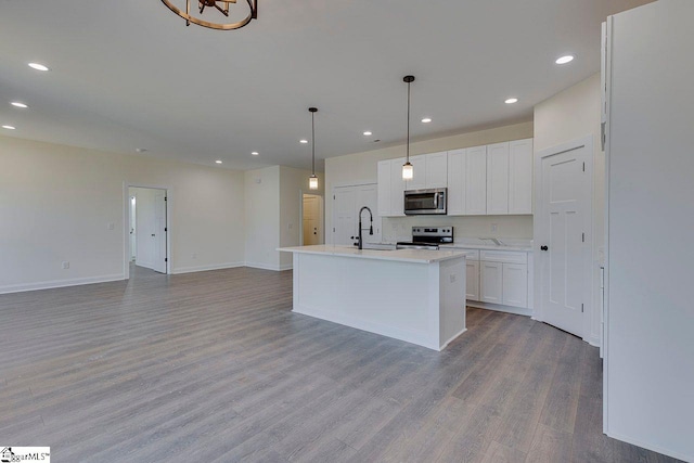 kitchen featuring white cabinets, wood finished floors, stainless steel appliances, a sink, and recessed lighting