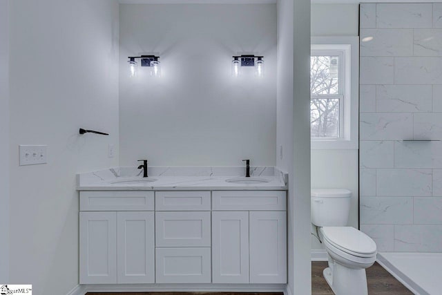 full bathroom featuring toilet, double vanity, a sink, and wood finished floors