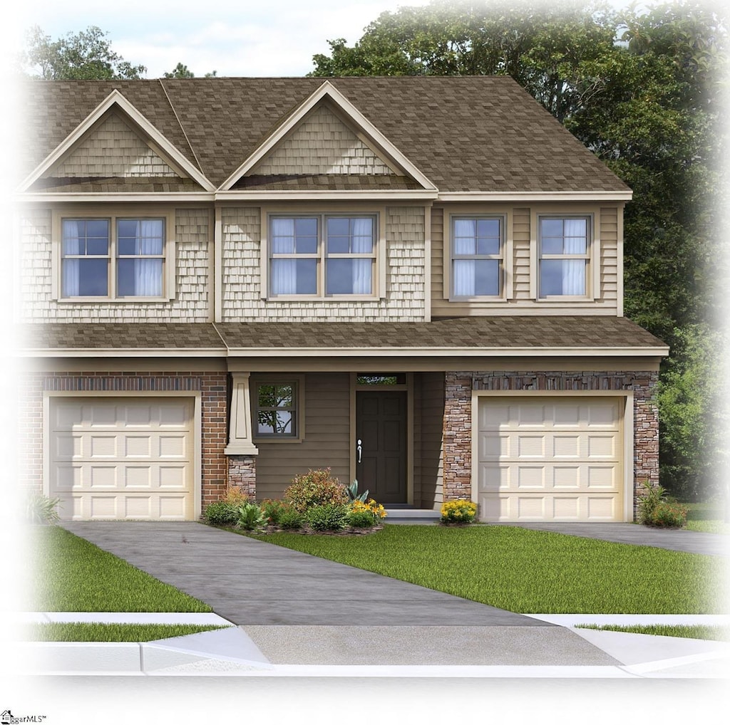 view of front of house with a garage, driveway, roof with shingles, and a front yard