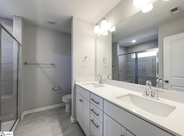 508 Pennystone Ln, Simpsonville, SC 29681 - bathroom with visible vents, a sink, a stall shower, and toilet