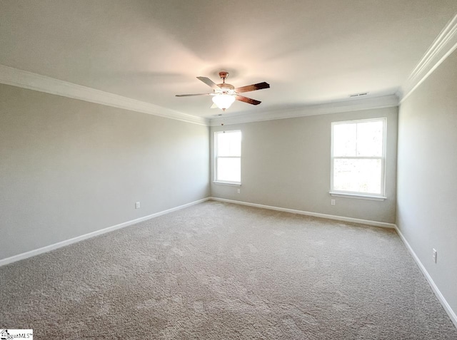508 Pennystone Ln, Simpsonville, SC 29681 - carpeted empty room with baseboards, visible vents, ornamental molding, and a ceiling fan