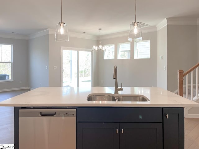 508 Pennystone Ln, Simpsonville, SC 29681 - kitchen featuring open floor plan, a sink, crown molding, and stainless steel dishwasher